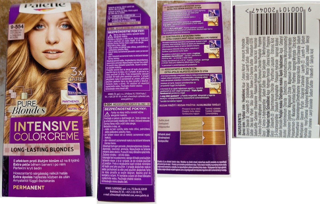 Schwarzkopf, Palette, INTENSIVE COLOR CREME, LONG-LASTING BLONDES, PURE Blondes, 9-554 MEDOVÁ EXTRA SVĚTLÁ BLOND, 3x CARE: Fotografie