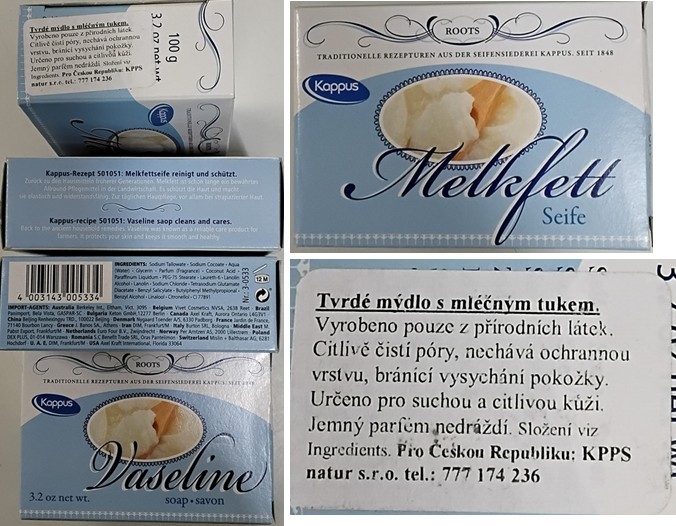 Tuhé mýdlo Kappus, Vaseline soap•savon, Melkfett Seife, Tvrdé mýdlo s mléčným tukem: Fotografie