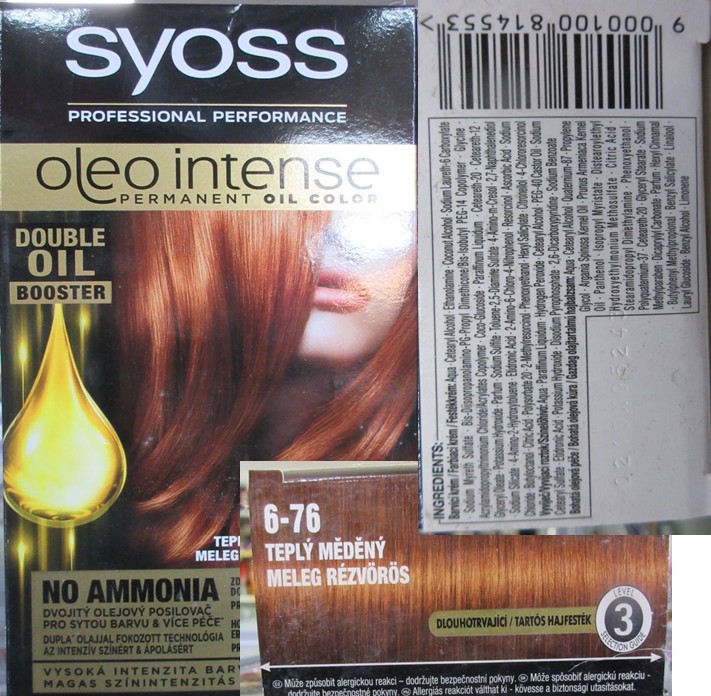 Barva na vlasy SyOSS, PROFESSIONAL PERFORMANCE, oleo intense, PERMANENT OIL COLOR, DOUBLE OIL BOOSTER, TEPLÝ MĚDĚNÝ 6-76: Fotografie